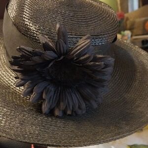 Black Straw Hat with Flower Accent